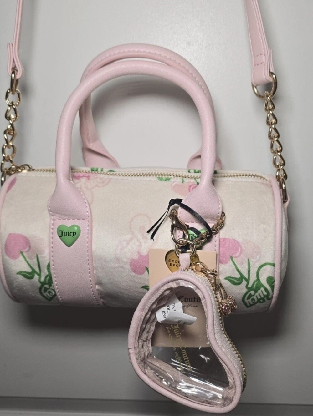 Juicy Couture Pink Cherry Floral Mini Barrel Bag with Heart Coin Pouch